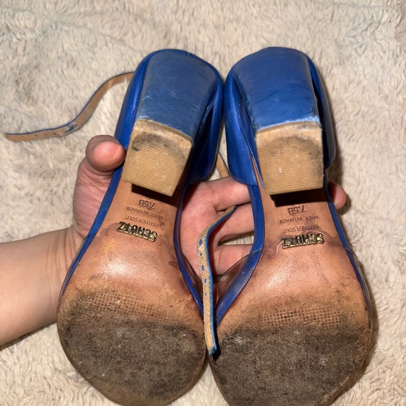 Schutz Ekhlass Vinyl Transparente Blue Leather Open Peep Toe Heel worn 7.5 - Picture 6 of 10